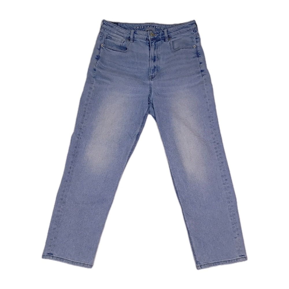 American Eagle Mom‎ Straight Jeans Size 8 Short Blue Light Wash Denim Stretch